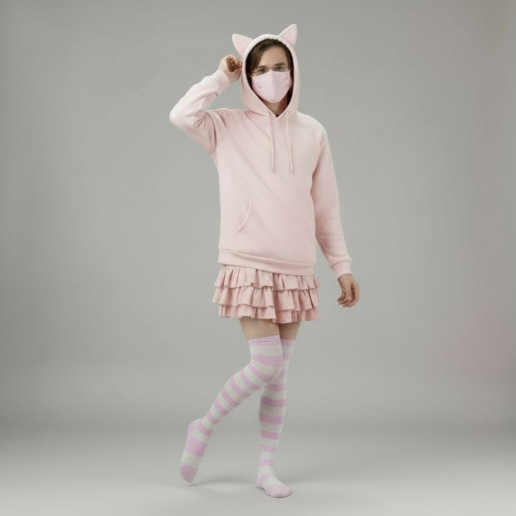 Femboy wearing a cute pink hoodie with cat ears, skirt, and striped socks on a gray background