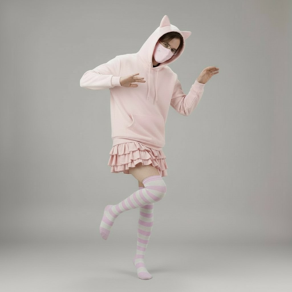Femboy wearing a cute pink cat-themed hoodie and skirt set on a gray background