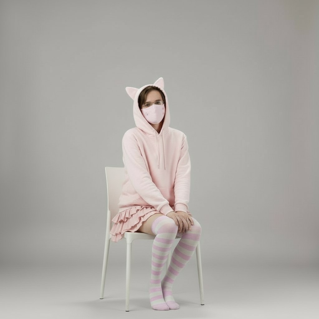 Femboy wearing a cute pink cat-themed hoodie and skirt set on a gray background
