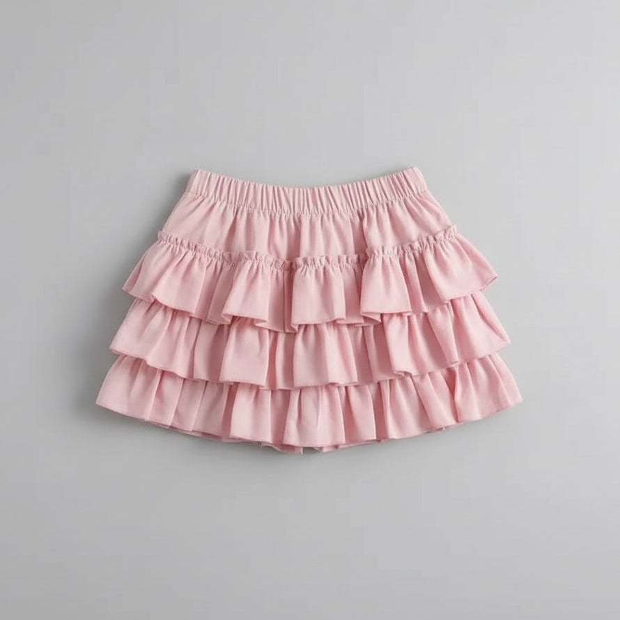 Pink ruffled skirt on a gray background