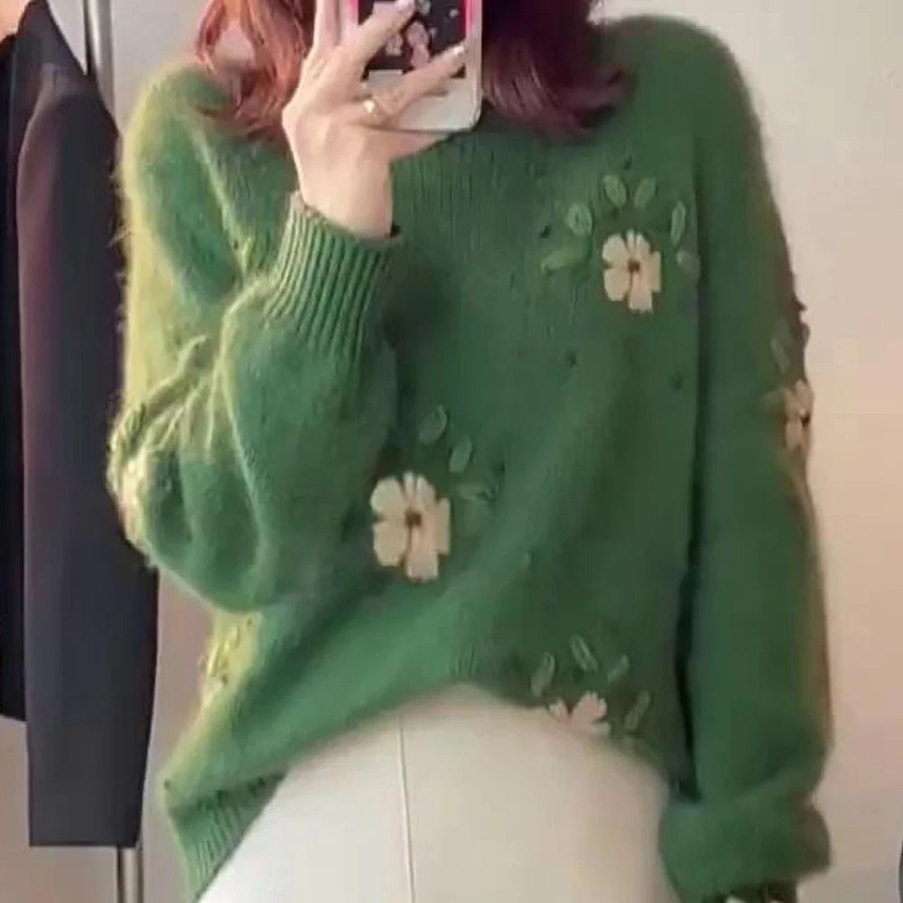 Smaragdgrüner Bloom-Strickpullover