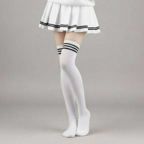 Person wearing a white hoodie, skirt, and stockings on a gray background