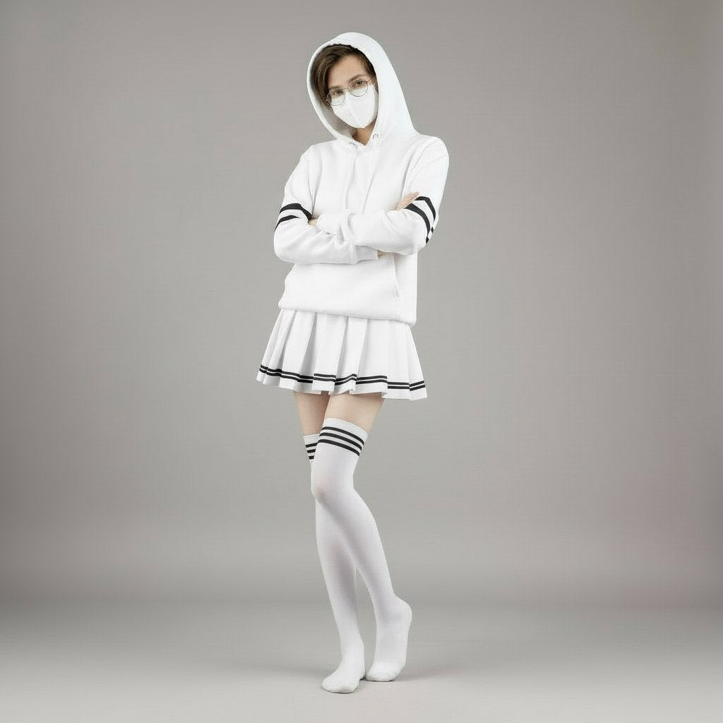 Femboy wearing a white hoodie with stripes, pleated skirt, and stockings on a gray background