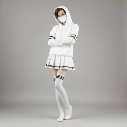 Femboy wearing a white hoodie with stripes, pleated skirt, and stockings on a gray background