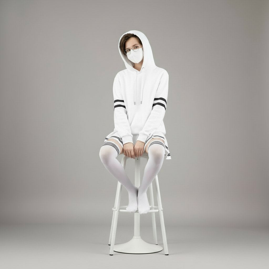 Femboy wearing a white hoodie with stripes, pleated skirt, and stockings on a gray background